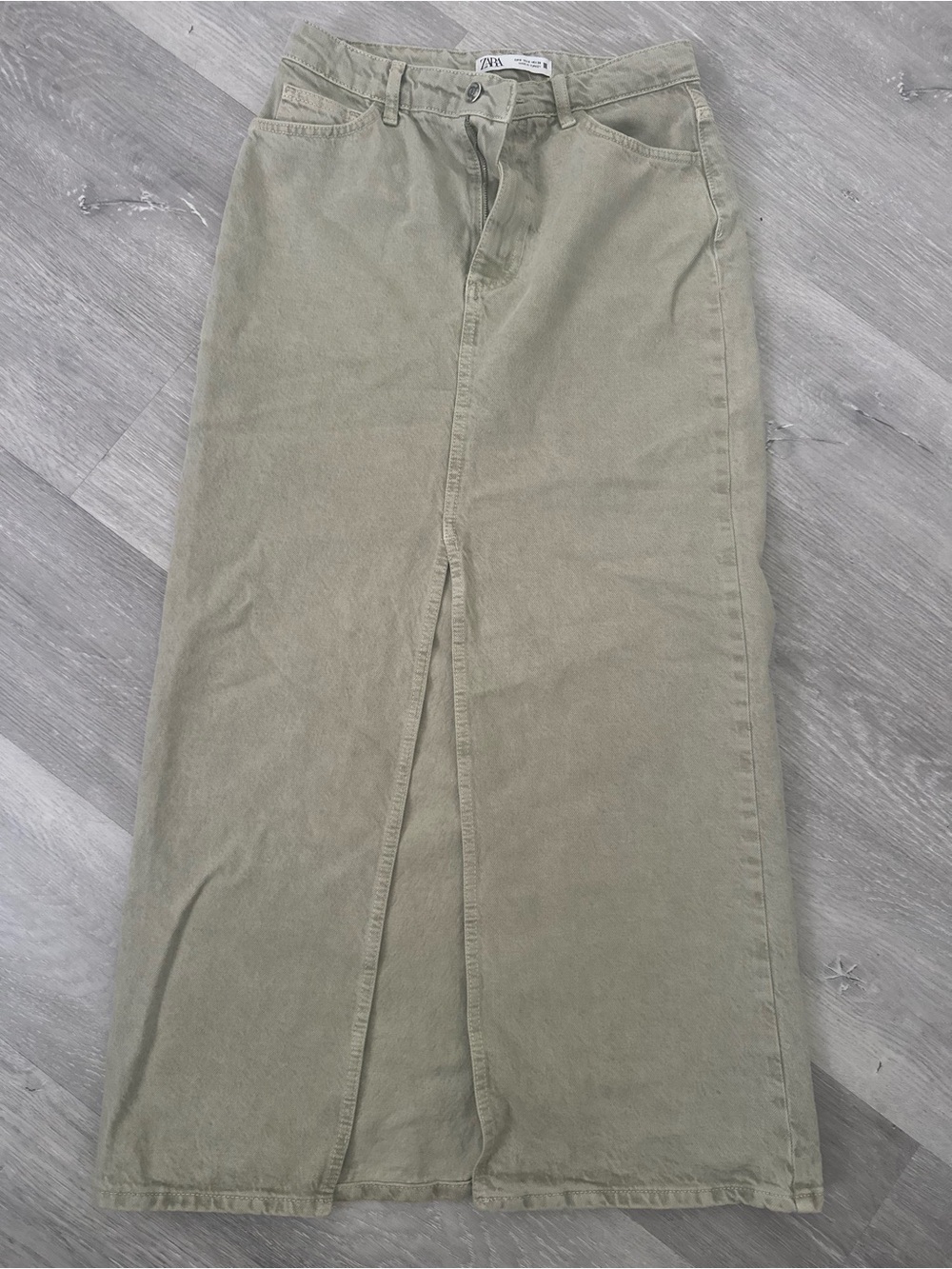 Zara Light Olive Midi Denim Skirt with slit